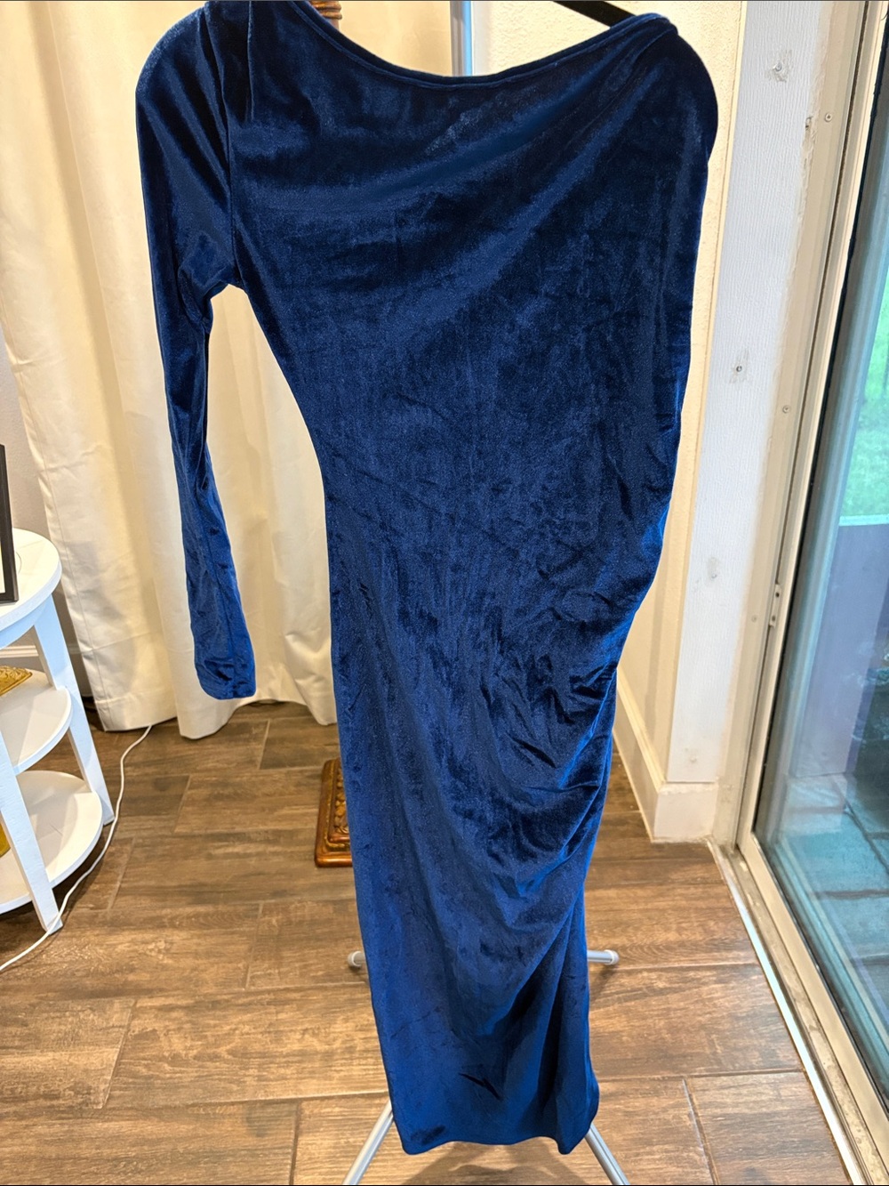 Elegant Velvet One Shoulder Maxi Dress - Deep Navy Blue sz M